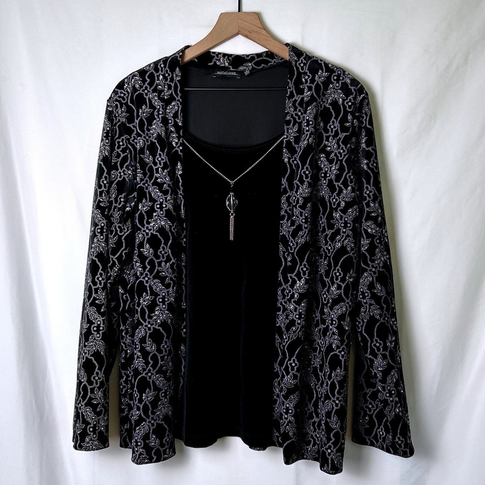 Notations Womens Velvet Glitter Floral Cardigan Tank Set Size L Black Silver